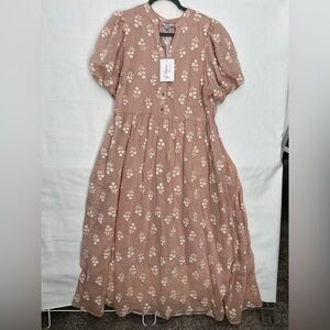 Polagram Floral embroidered Puff Sleeve dusty pink dress XL NWT